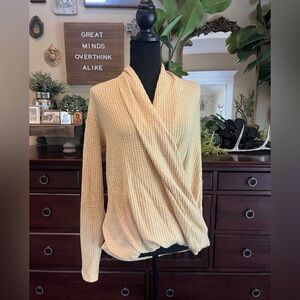Anthropologie Akemi + Kin Waffle Knit Yellow V-Neck Faux Wrap Sweater
